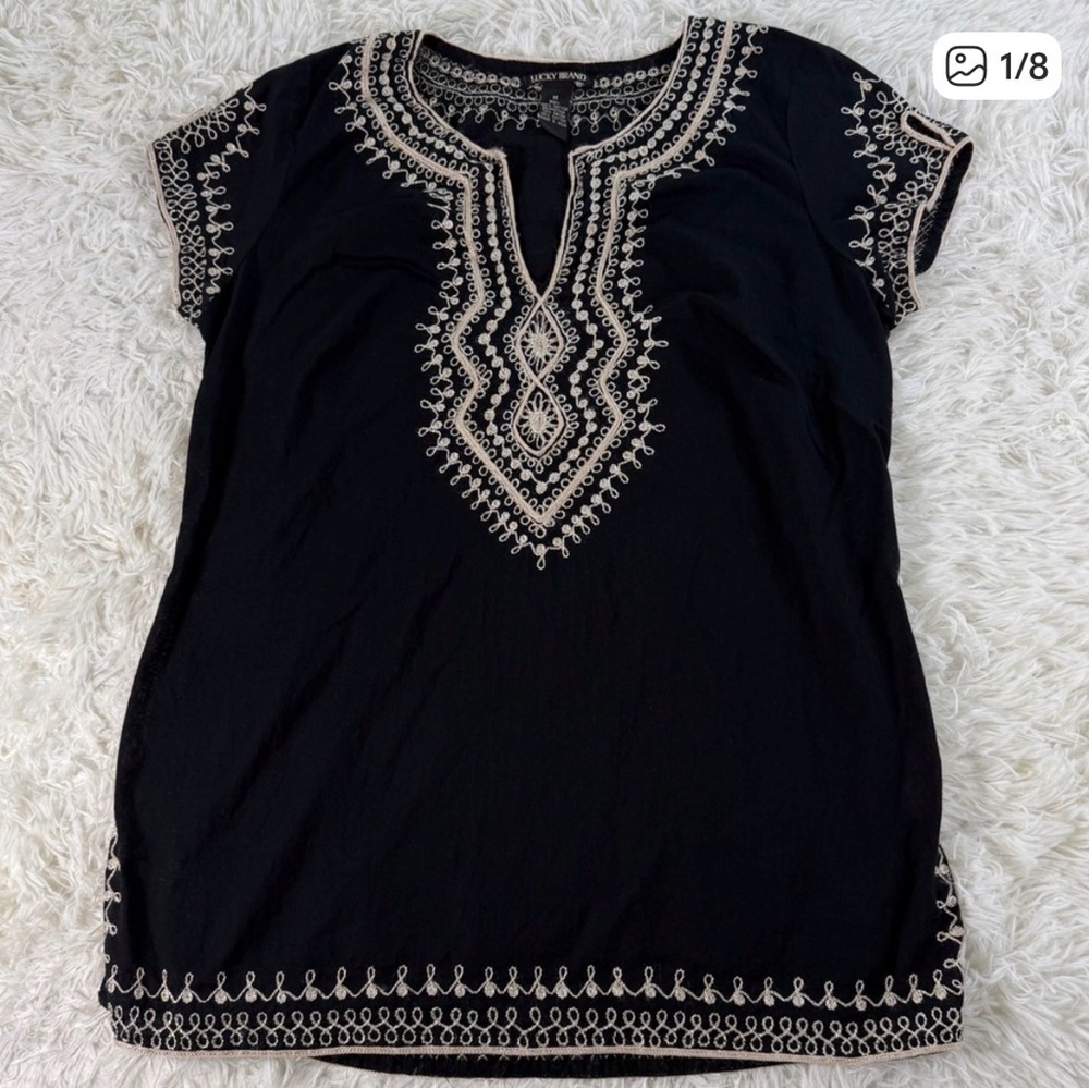Lucky Brand Black Embroidered Boho Indie Festival Top Short Sleeve V Neck Medium